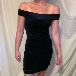 Black off the shoulder velvet sparkly dress